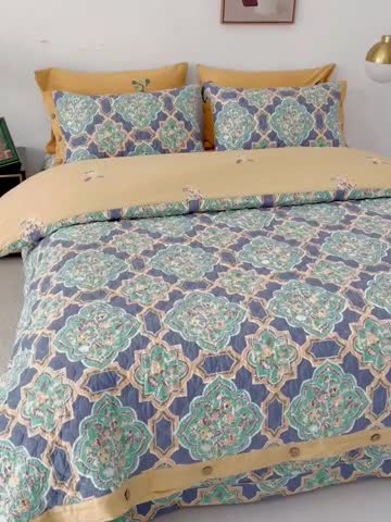 91家纺网 家纺一手货源 找家纺 优乐家纺 2023新款全棉印花绗绣2 四件套 时光印记-蓝