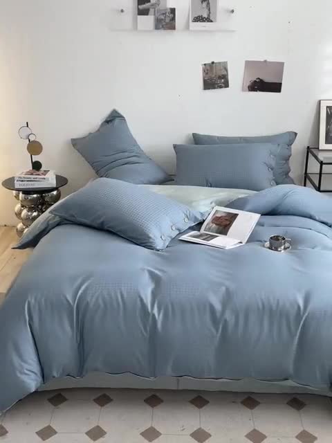 91家纺网 家纺一手货源 找家纺 古吉梦 2023新款A类抗菌防螨水洗真丝纽扣提花四件套 纽扣提花-浅石兰+梵星蓝