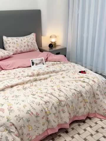 91家纺网 家纺一手货源 找家纺 慕尚 2025新款水洗棉麻夏被四件套 花丛兔