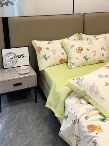 91家纺网 家纺一手货源 找家纺 慕尚 2025新款水洗棉麻夏被四件套 童趣乐园