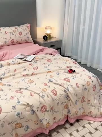 91家纺网 家纺一手货源 找家纺 慕尚 2025新款水洗棉麻夏被四件套 幸运花开