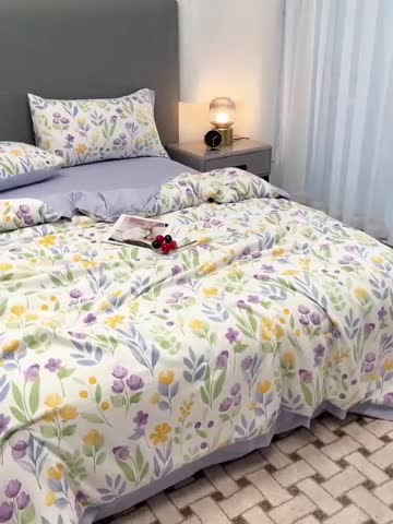 91家纺网 家纺一手货源 找家纺 慕尚 2025新款水洗棉麻夏被四件套 紫色浪漫