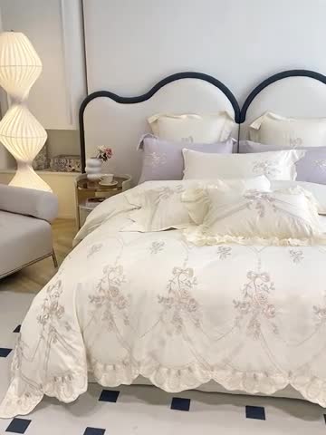 91家纺网 家纺一手货源 找家纺 品家居 2025新款长绒棉四件套-晨曦花语 晨曦花语-米白