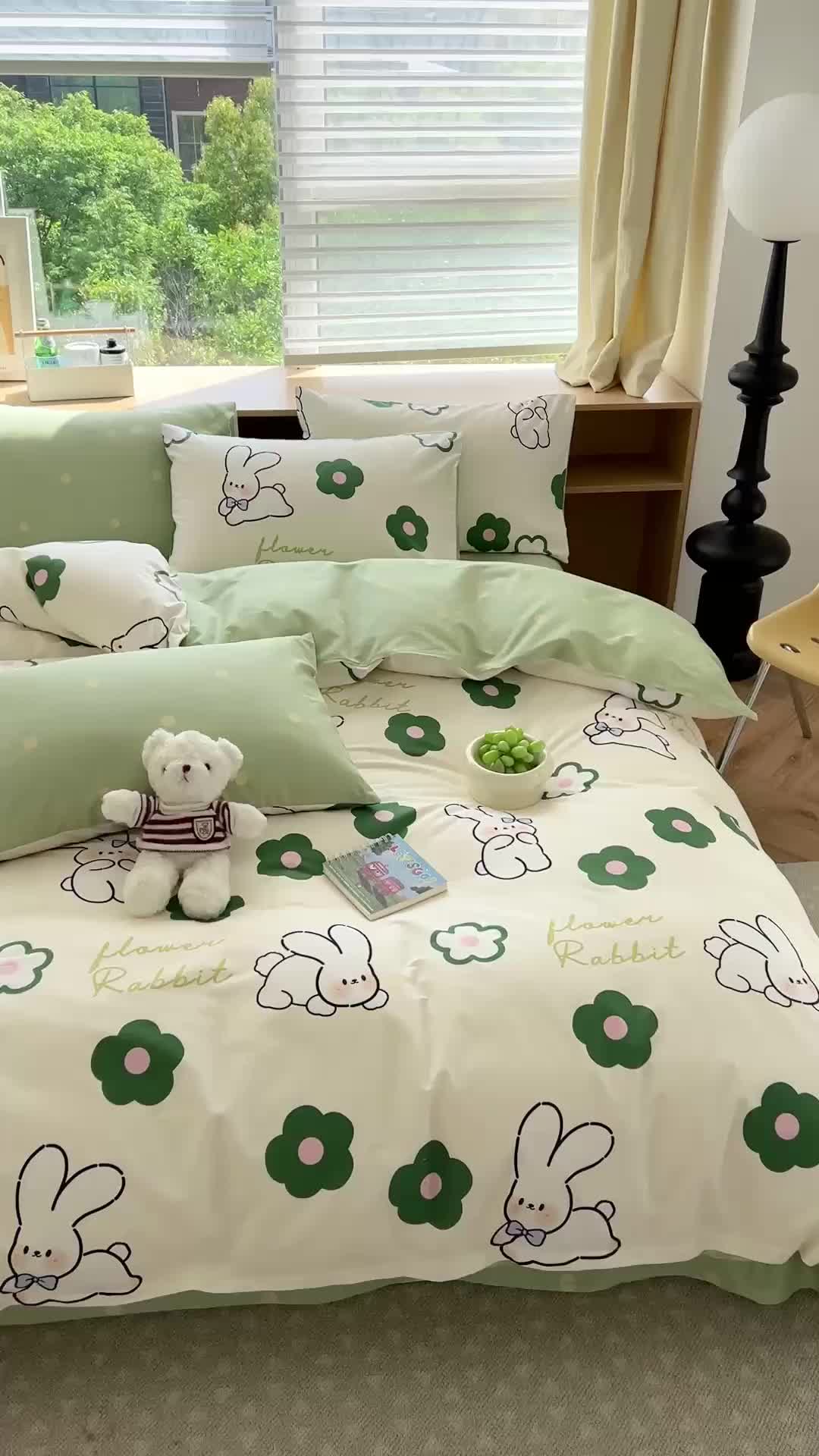 91家纺网 家纺一手货源 找家纺 时年 2023新款全棉优选系列 风格一 绿花小兔