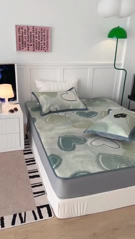 91家纺网 家纺一手货源 找家纺 昔可 2023新款高端数码冰藤席床笠款凉席 绿色水彩爱心