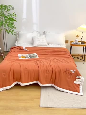 91家纺网 家纺一手货源 找家纺 钰博 2023新款水洗棉棉麻大豆夏被 暖橙色