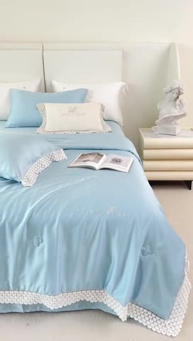 91家纺网 家纺一手货源 找家纺 榻尚家居 2023新款60支法式蕾丝天丝夏被四件套 法式 蓝