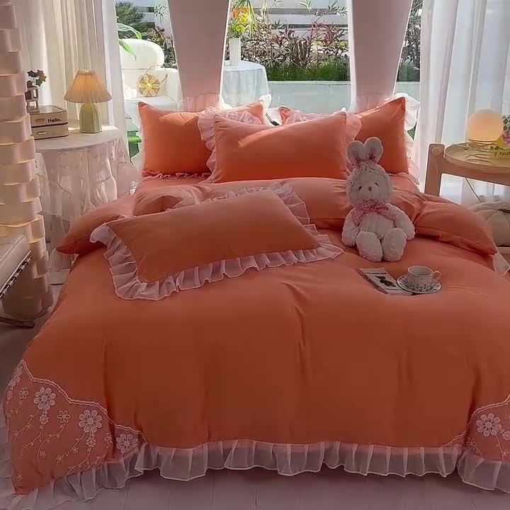 91家纺网 家纺一手货源 找家纺 唐人居 2025新款水洗棉麻花边款花香系列四件套 花香-橙