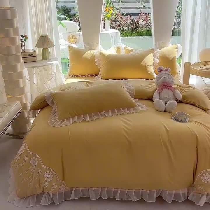 91家纺网 家纺一手货源 找家纺 唐人居 2025新款水洗棉麻花边款花香系列四件套 花香-奶黄