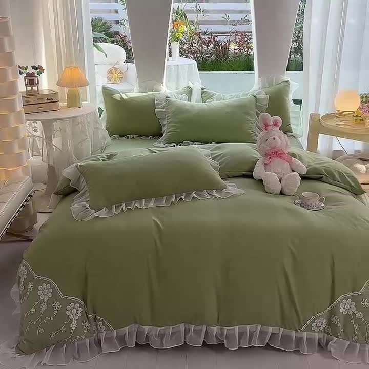 91家纺网 家纺一手货源 找家纺 唐人居 2025新款水洗棉麻花边款花香系列四件套 花香-奶绿