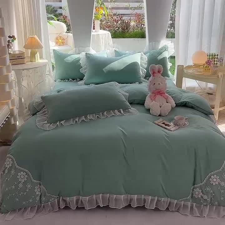 91家纺网 家纺一手货源 找家纺 唐人居 2025新款水洗棉麻花边款花香系列四件套 花香-青绿