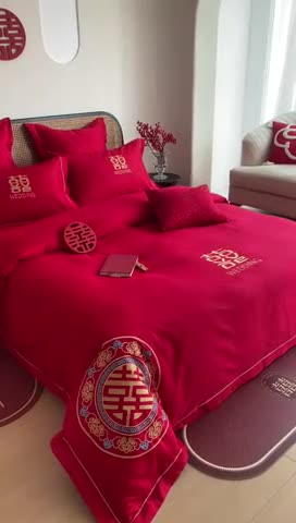 91家纺网 家纺一手货源 找家纺 （总）用心 2023新款长绒棉刺绣婚庆四件套