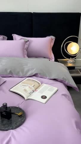 91家纺网 家纺一手货源 找家纺 榻尚家居 2023新款极简促销打孔长绒棉四件套 香紫-深灰