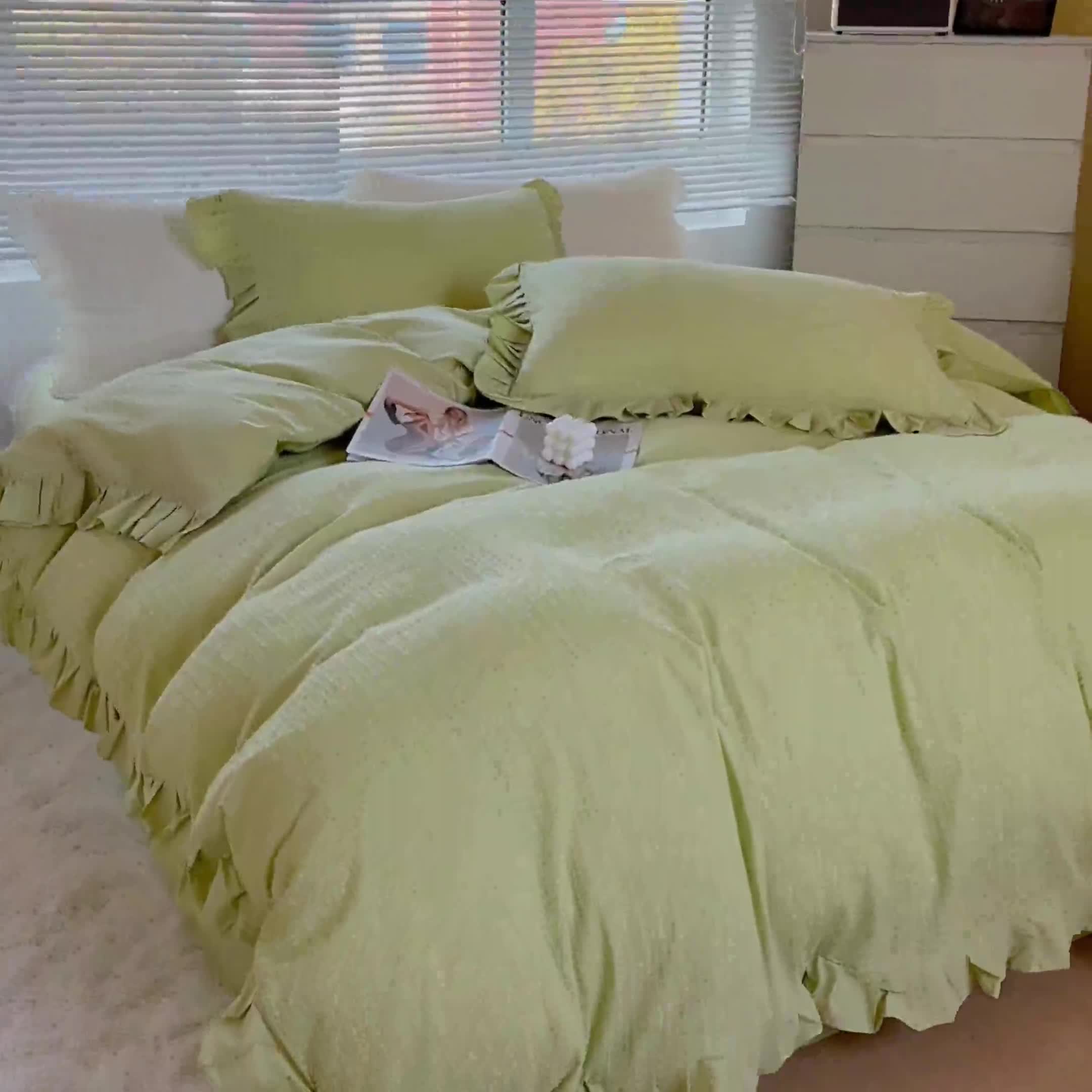 91家纺网 家纺一手货源 找家纺 慕尚 2025新款全棉镂空水洗棉四件套 沉香-嫩芽绿
