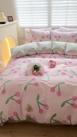 91家纺网 家纺一手货源 找家纺 顾里家纺 2023新款40支13372全棉四季款韩系氛围四件套 粉雾樱桃