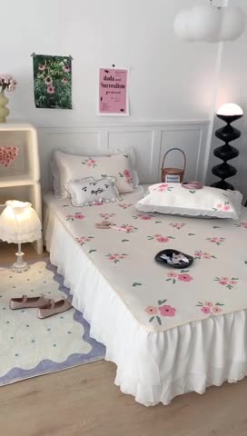 91家纺网 家纺一手货源 找家纺 昔可家纺 2023新款双层雪纺纱花边床裙款凉感软席 夏日花