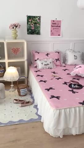 91家纺网 家纺一手货源 找家纺 昔可家纺 2023新款双层雪纺纱花边床裙款凉感软席 甜美蝴蝶结