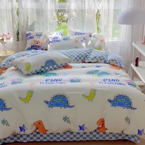 91家纺网 家纺一手货源 找家纺 感遇家纺 2023新款小猪佩奇系列全棉印花四件套 乔智恐龙