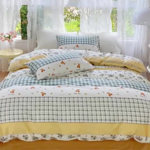 91家纺网 家纺一手货源 找家纺 感遇家纺 2023新款全棉印花四件套 伯格小熊