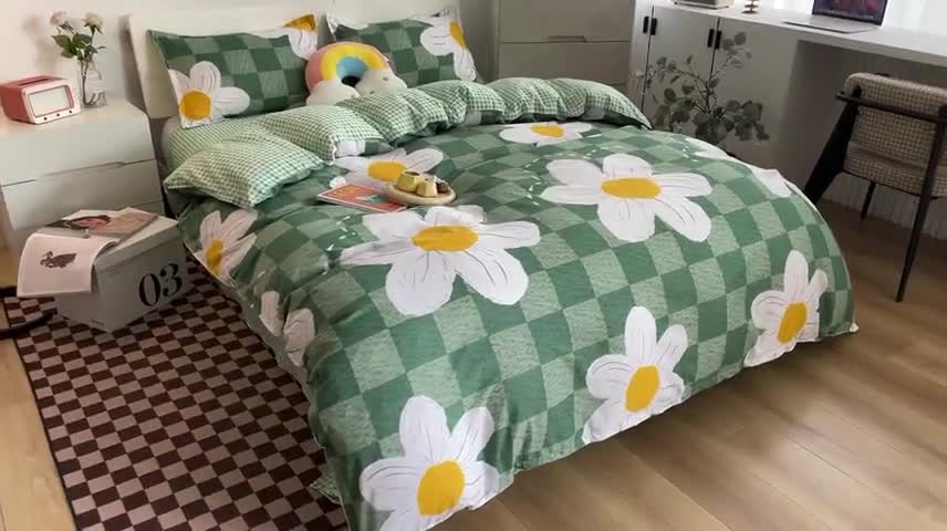 91家纺网 家纺一手货源 找家纺 宏源家纺 2023新款芦荟棉亲肤四件套 青涩花朵