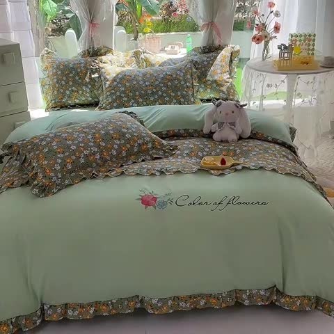 91家纺网 家纺一手货源 找家纺 易辰美 2024新款双层纱水洗磨毛德芙棉绣花四件套 相见欢