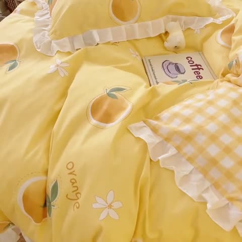 91家纺网 家纺一手货源 找家纺 桃子 2023新款仙气奶油碎花少女心韩版花边纯棉四件套 花边-橙子