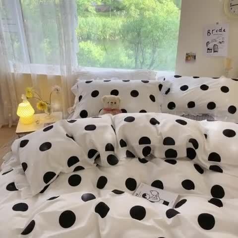 91家纺网 家纺一手货源 找家纺 桃子 2023新款仙气奶油碎花少女心韩版花边纯棉四件套 花边-波点