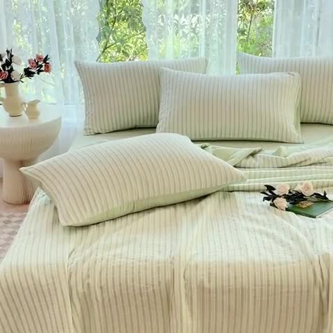 91家纺网 家纺一手货源 找家纺 千朵 2023新款新款全棉色织提花水洗手工包边大豆棉夏被四件套 锦瑟-绿