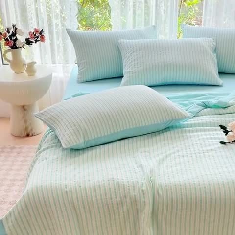 91家纺网 家纺一手货源 找家纺 千朵 2023新款新款全棉色织提花水洗手工包边大豆棉夏被四件套 锦瑟-兰