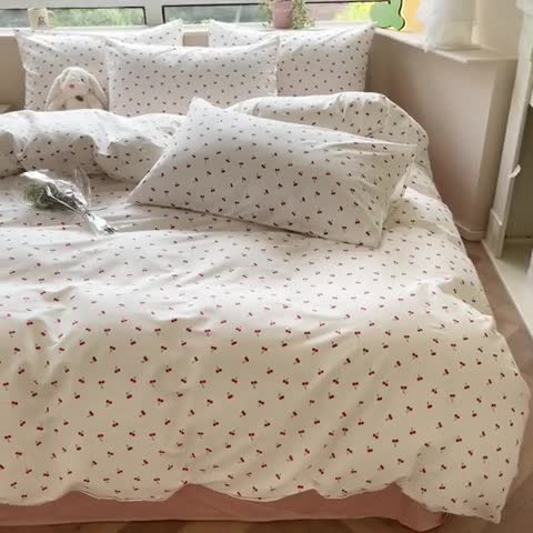 91家纺网 家纺一手货源 找家纺 柠馨 2023新款13376可爱系列全棉印花四件套 樱桃醉