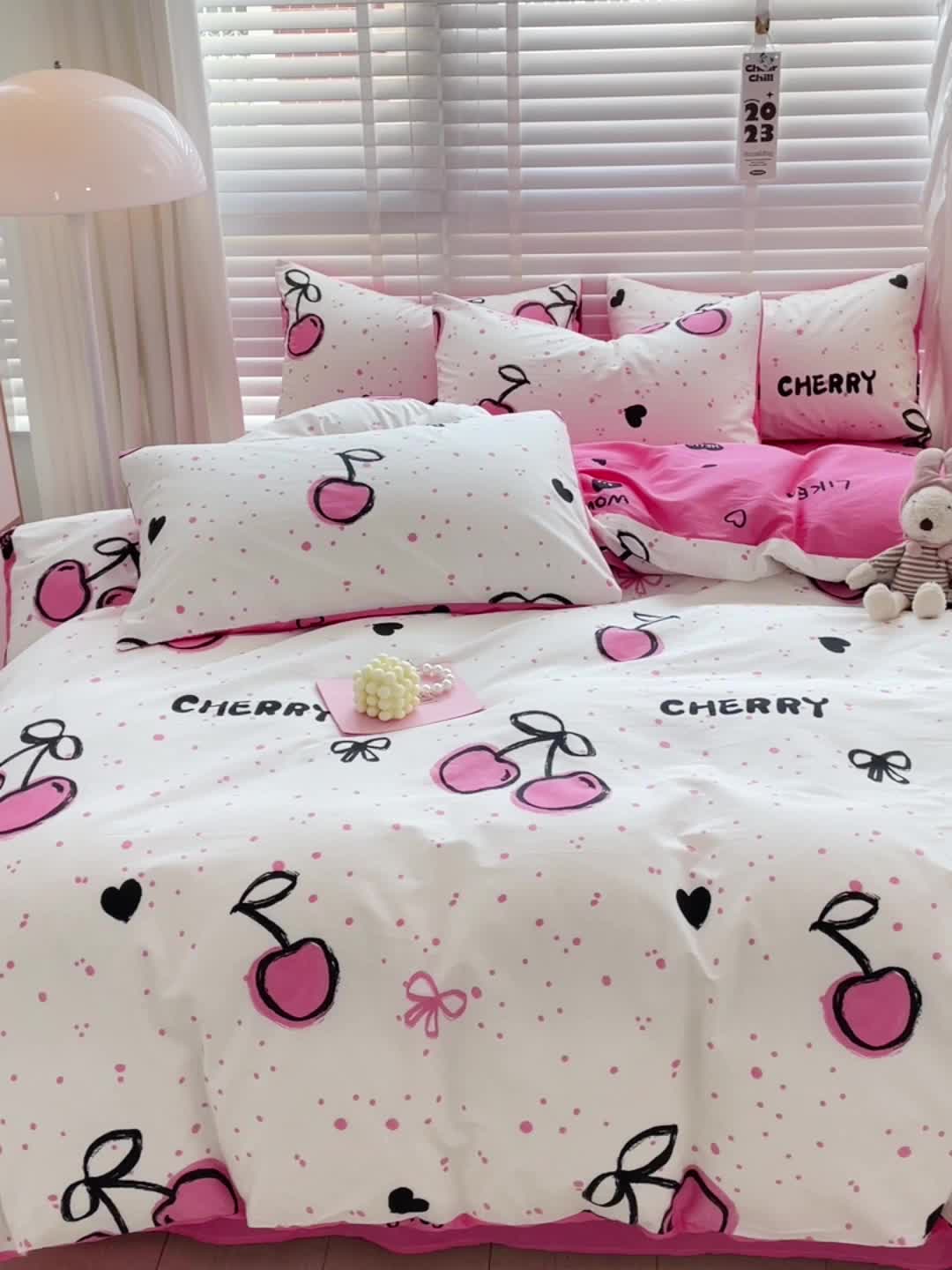 91家纺网 家纺一手货源 找家纺 梦家居 2023春季新品小清新系列3-全棉单被套浪漫樱桃