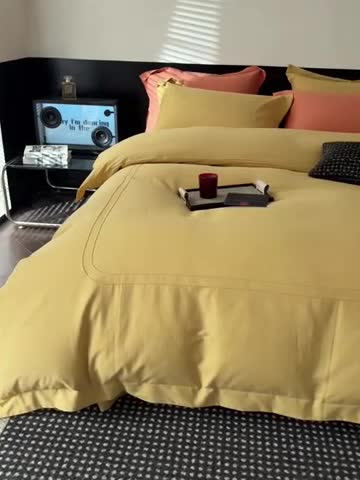 91家纺网 家纺一手货源 找家纺 艾莱家纺 2023新款A类长绒棉水洗80提花埋线工艺款四件套艾华仕秋黄