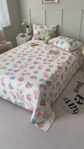 91家纺网 家纺一手货源 找家纺 麦伦 2023新款 全棉小清新单品床单系列 蜜桃兔