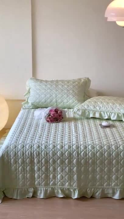 91家纺网 家纺一手货源 找家纺 优然居2023新款天丝绗缝床盖三件套 悠然绿