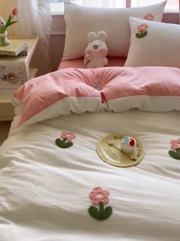 91家纺网 家纺一手货源 找家纺 眠帛 2023新款A类水洗棉小清新毛巾绣四件套 郁金香奶油白