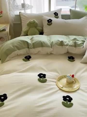 91家纺网 家纺一手货源 找家纺 眠帛 2023新款A类水洗棉小清新毛巾绣四件套 朵朵奶油绿