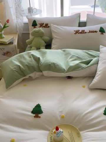 91家纺网 家纺一手货源 找家纺 眠帛 2023新款A类水洗棉小清新毛巾绣四件套 圣诞树奶油绿
