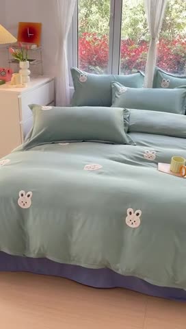 91家纺网 家纺一手货源 找家纺 金丝鸟 2023新款水洗真丝贴布绣花四件套 萌兔-水绿