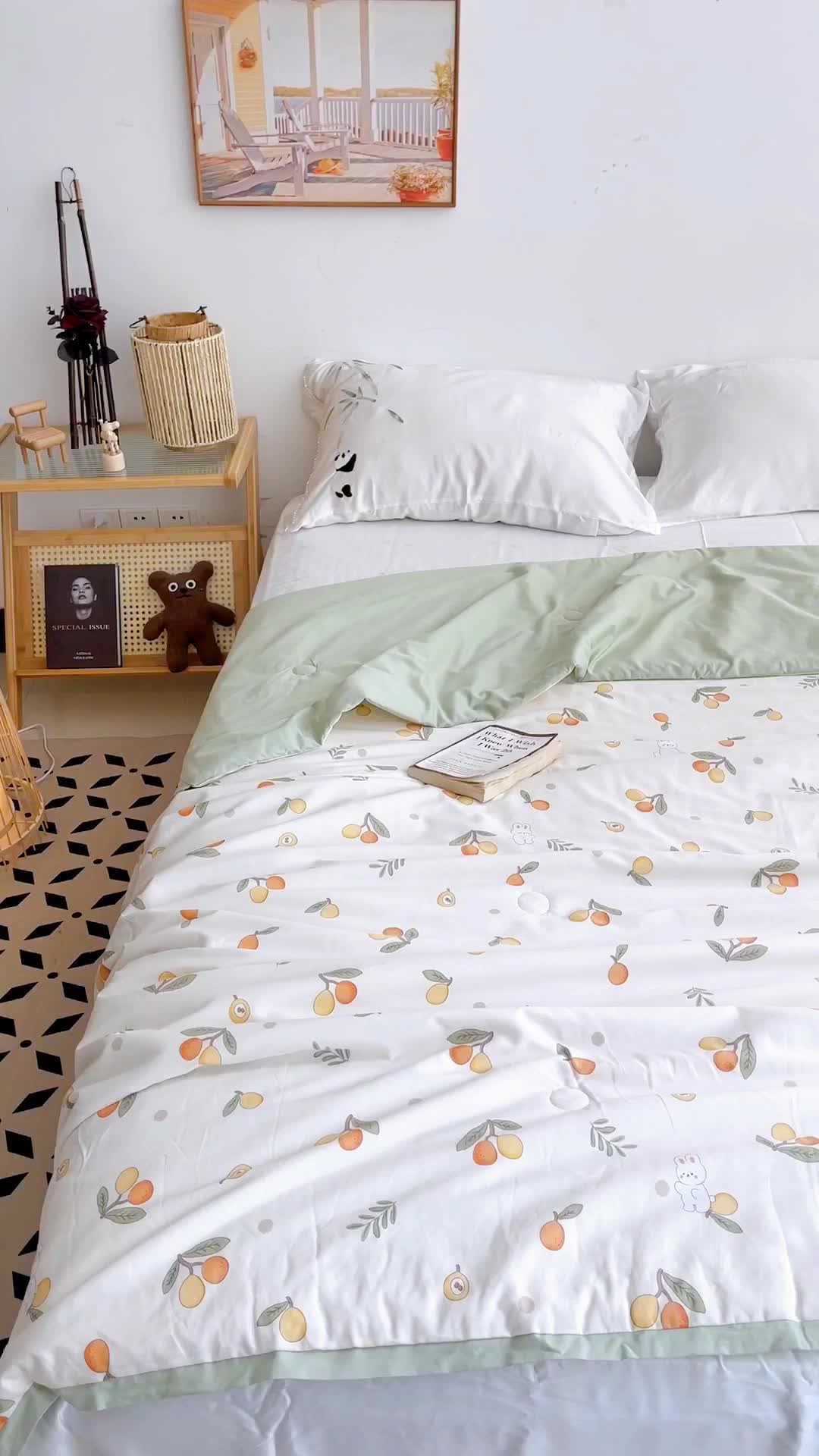 91家纺网 家纺一手货源 找家纺 蓝庭云小棉天丝棉凉感小清新夏凉被卡通可机洗亲肤空调被双人被 翠果果