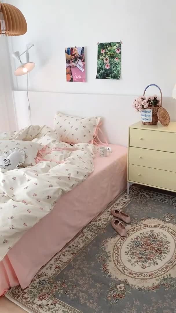 91家纺网 家纺一手货源 找家纺 昔可家纺 2023新款全棉蝴蝶结枕套普通款四件套 点点粉玫瑰