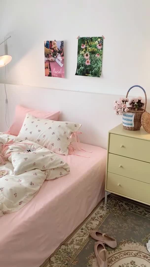 91家纺网 家纺一手货源 找家纺 昔可家纺 2023新款全棉蝴蝶结枕套普通款四件套 樱花信子