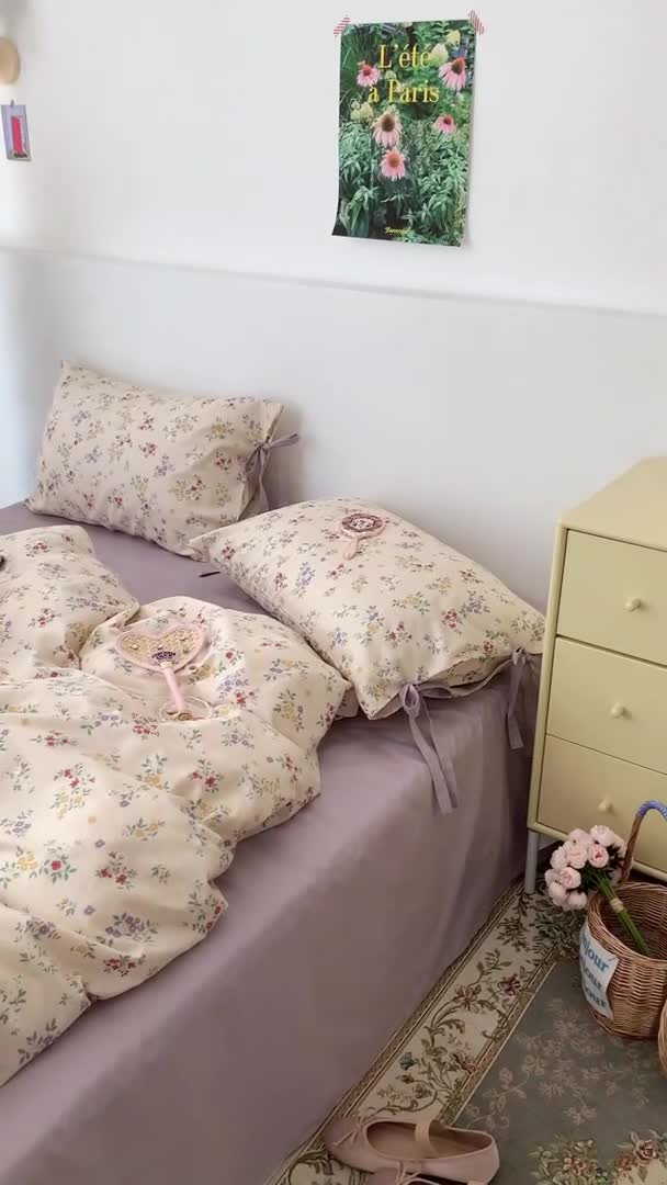 91家纺网 家纺一手货源 找家纺 昔可家纺 2023新款全棉蝴蝶结枕套普通款四件套 紫色慕斯