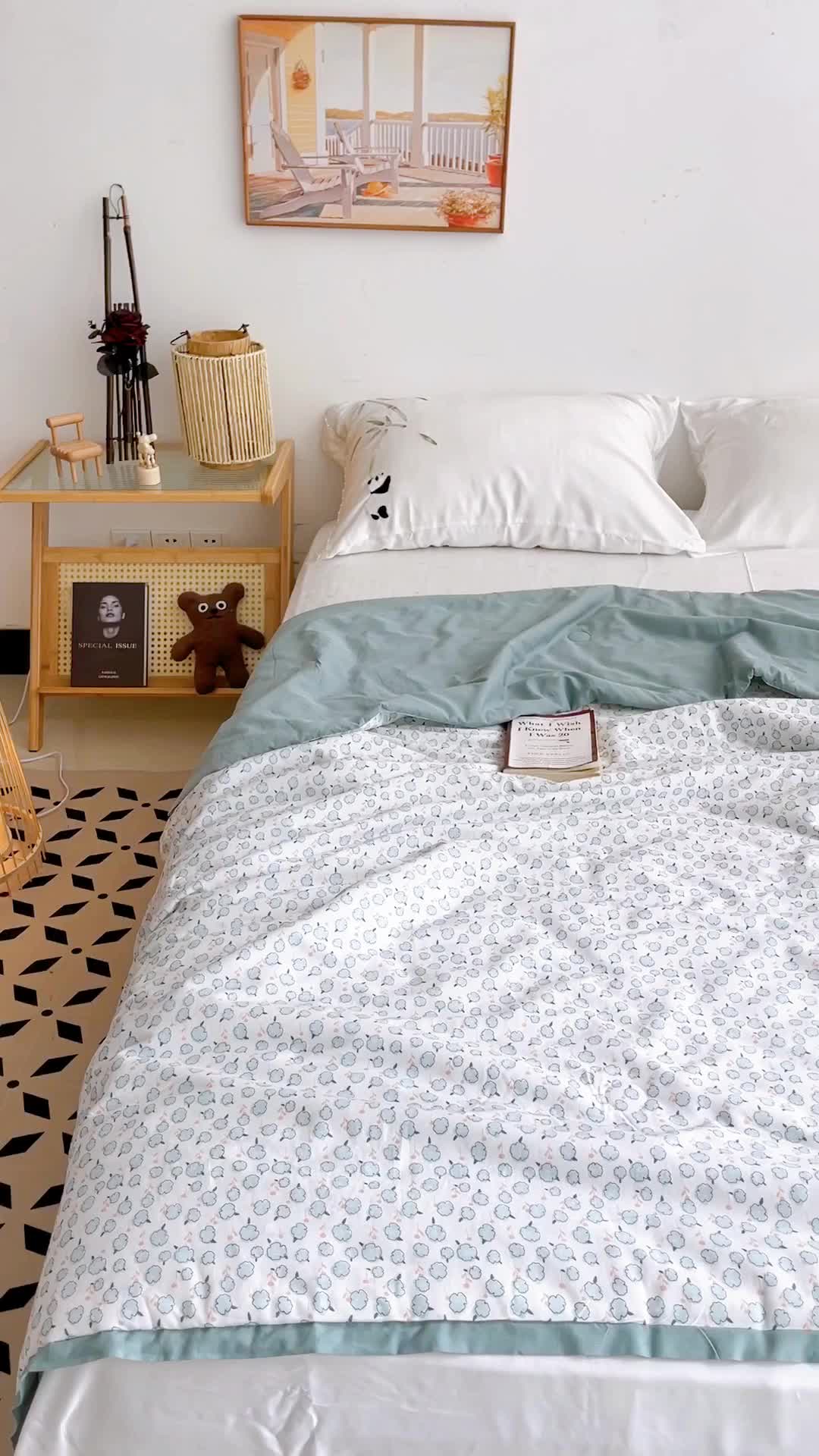 91家纺网 家纺一手货源 找家纺 蓝庭云小棉天丝棉凉感小清新夏凉被卡通可机洗亲肤空调被双人被 风浅