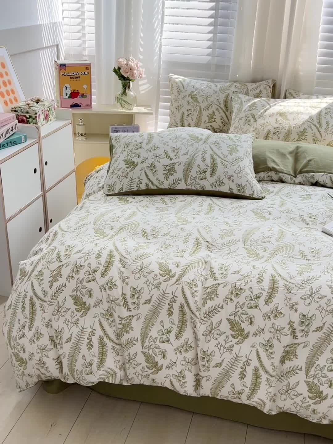 91家纺网 家纺一手货源 找家纺 直播爆款法式风双层纱棉麻水洗棉四件套 花季-绿