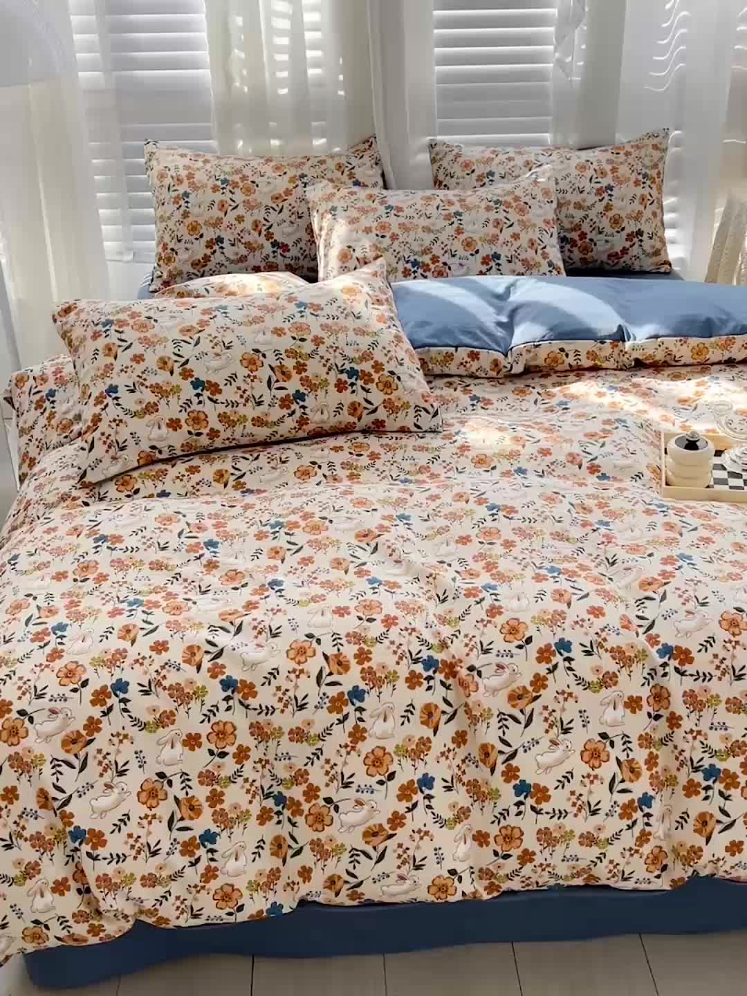 91家纺网 家纺一手货源 找家纺 直播爆款法式风双层纱棉麻水洗棉四件套 春日花园兔