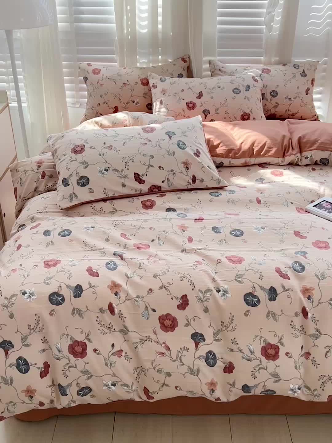 91家纺网 家纺一手货源 找家纺 直播爆款法式风双层纱棉麻水洗棉四件套 朝颜