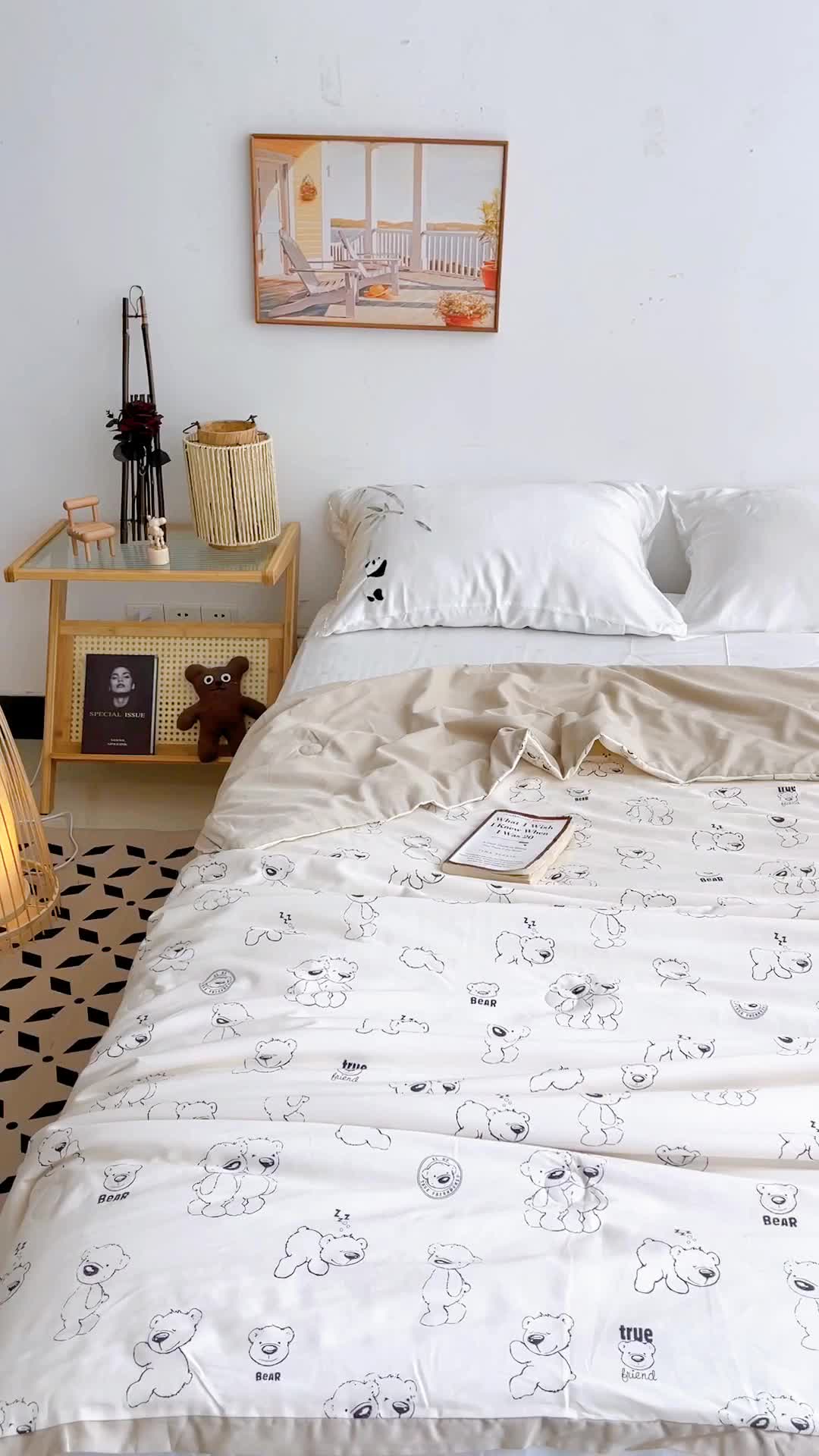 91家纺网 家纺一手货源 找家纺 蓝庭云小棉天丝棉凉感小清新夏凉被卡通可机洗亲肤空调被双人被 熊先生