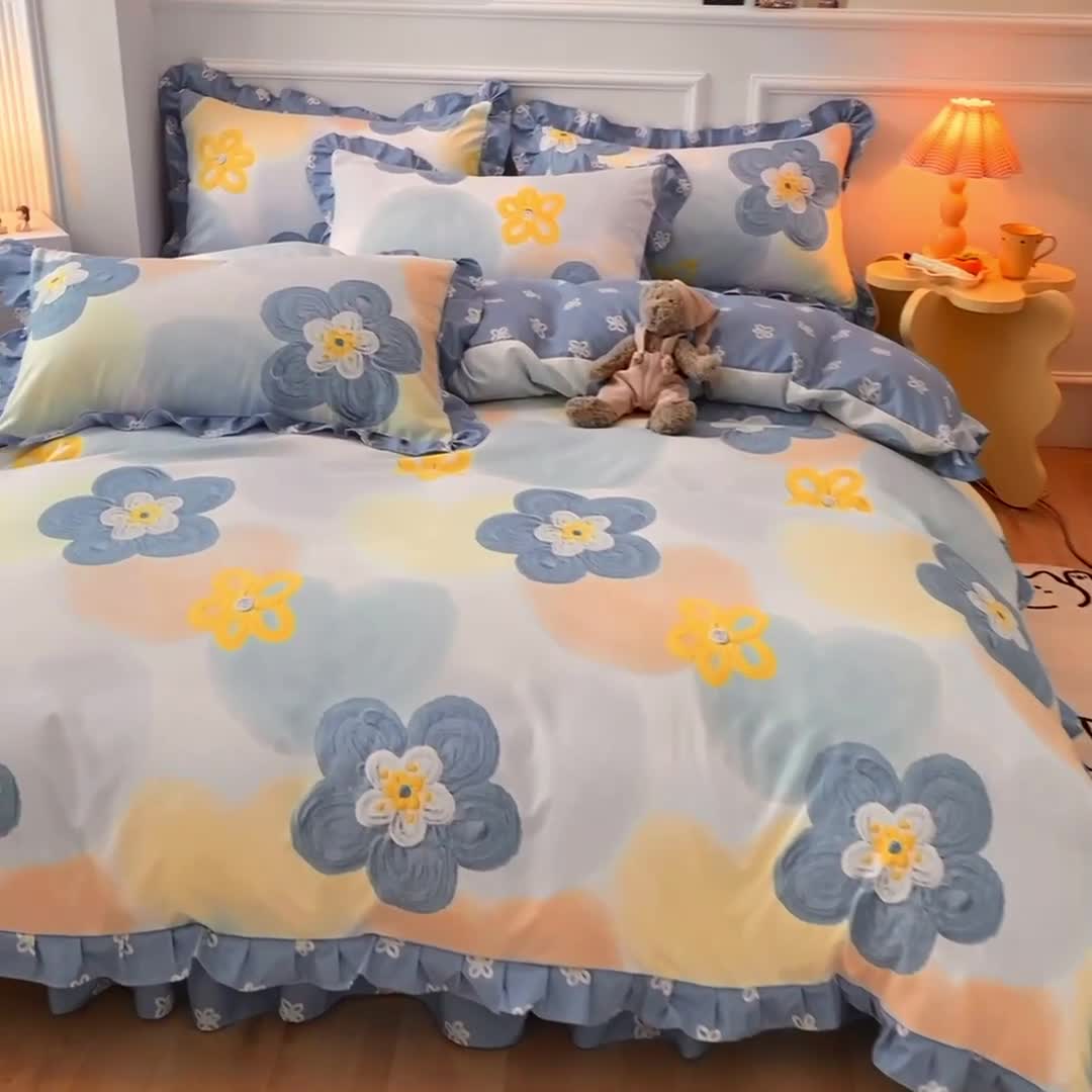 91家纺网 家纺一手货源 找家纺 艾橙家纺 2023新款小清新韩版磨毛花边四件套 奇异花园