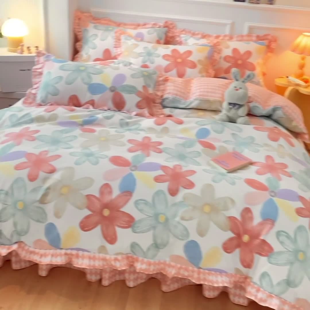 91家纺网 家纺一手货源 找家纺 艾橙家纺 2023新款小清新韩版磨毛花边四件套 花束之美