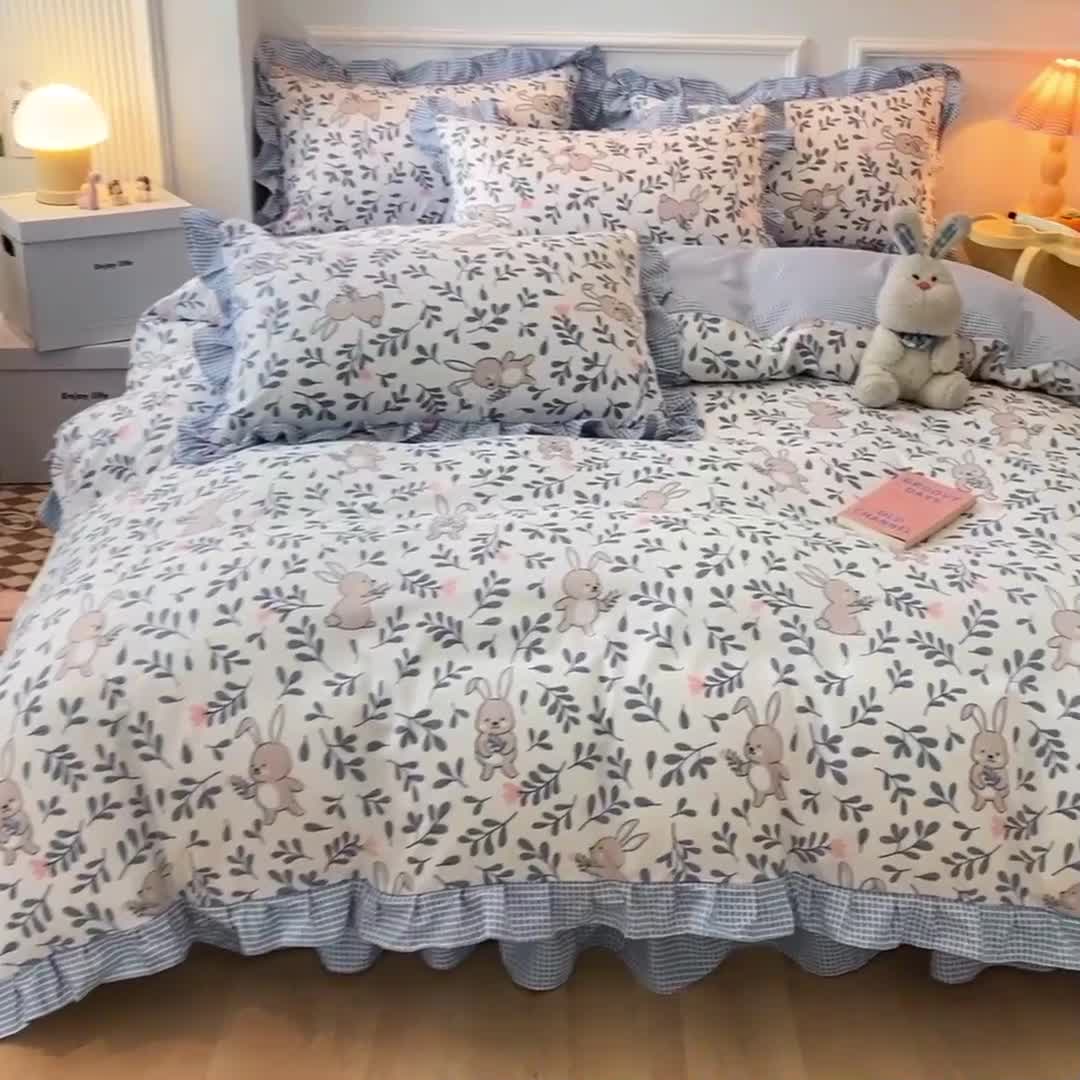 91家纺网 家纺一手货源 找家纺 艾橙家纺 2023新款小清新韩版磨毛花边四件套 菲菲兔